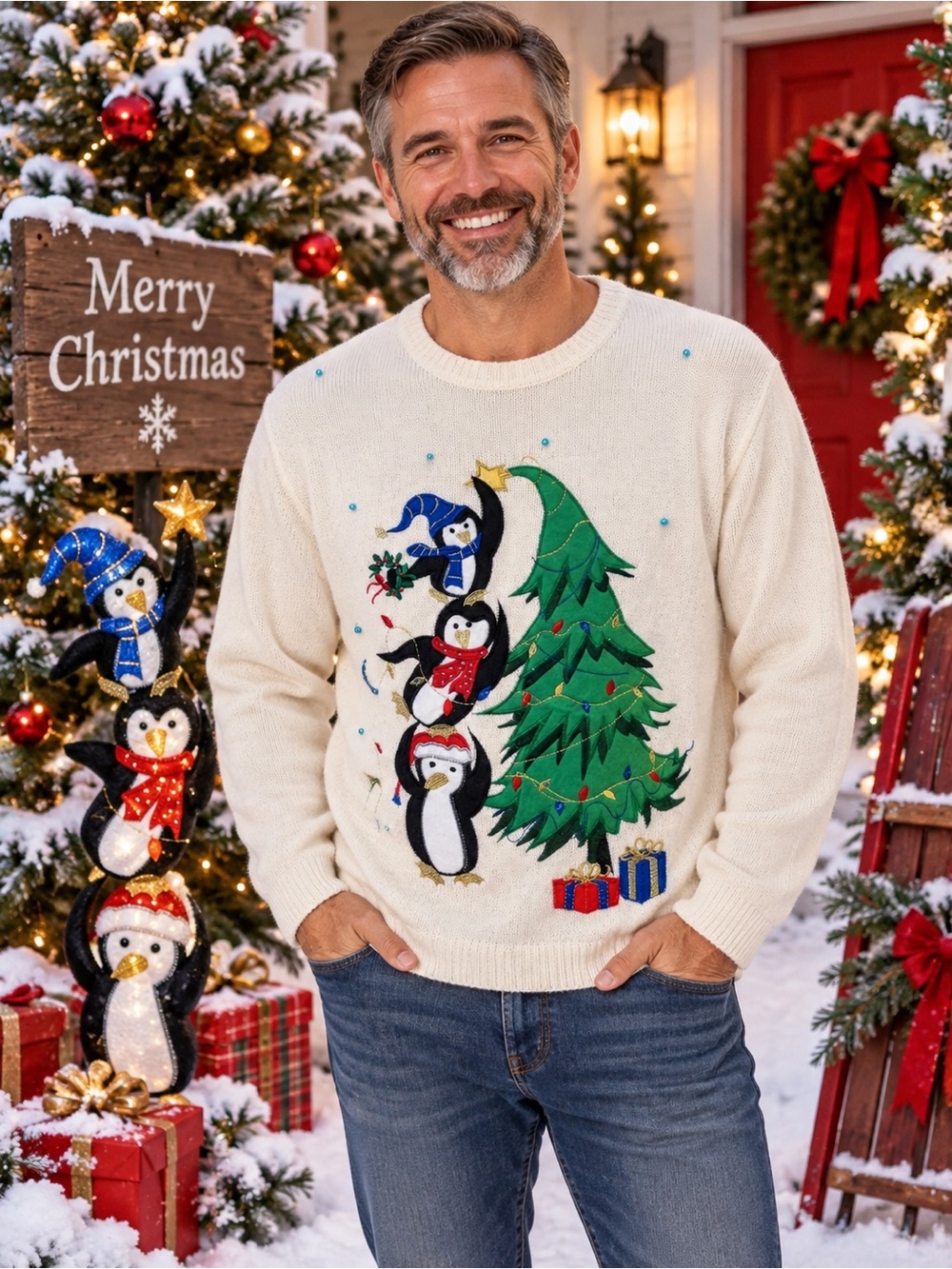 Ugly White Christmas Sweater Penguins Decorating A Christmas Tree Unisex Size 4X